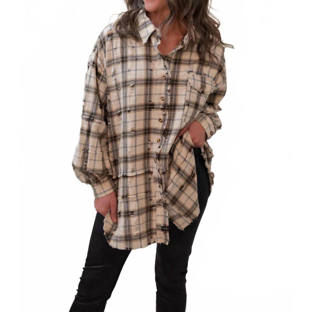 NEW EASEL barrymore plaid top in ecru